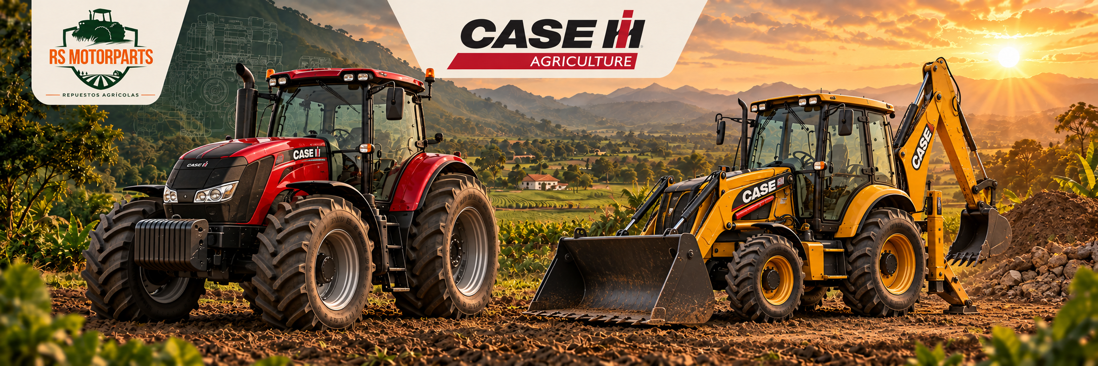 Ilustración de tractor Case IH y retroexcavadora Case, RS MOTORPARTS
