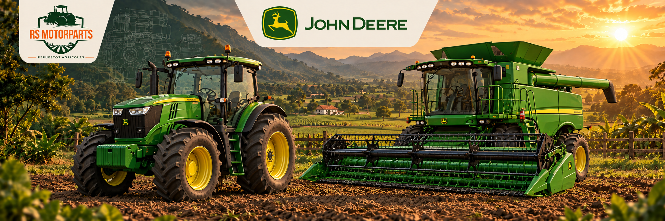 Ilustración de tractor y cosechadora John Deere, RS MOTORPARTS