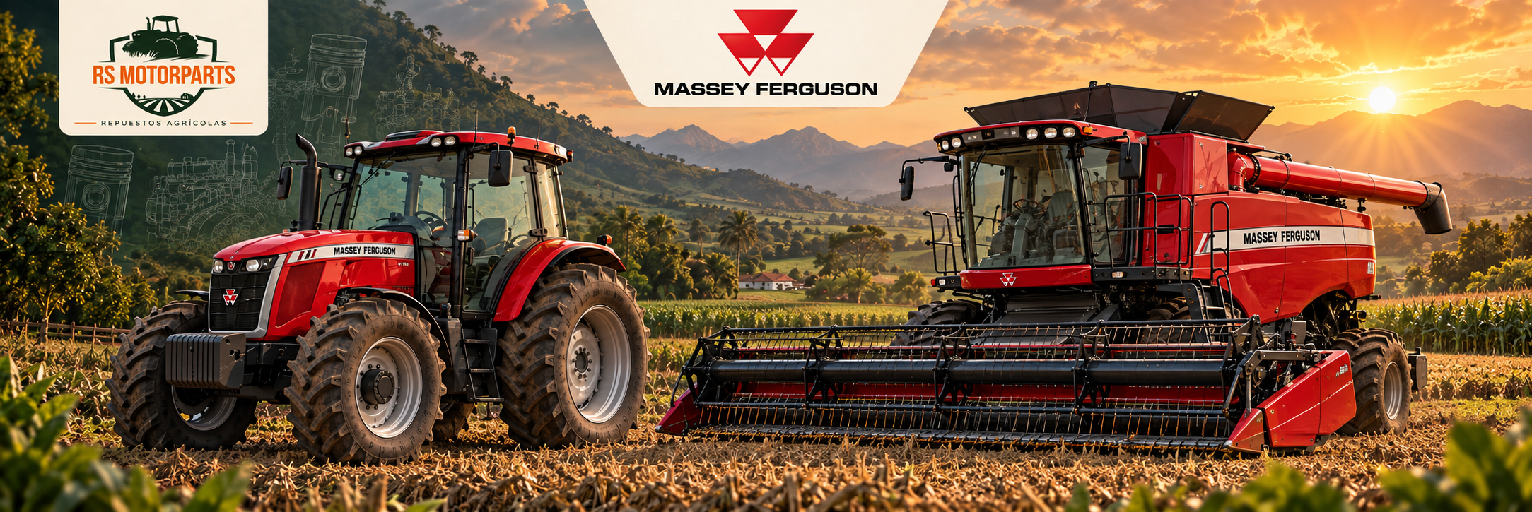 Ilustración de tractor y cosechadora Massey Ferguson, RS MOTORPARTS
