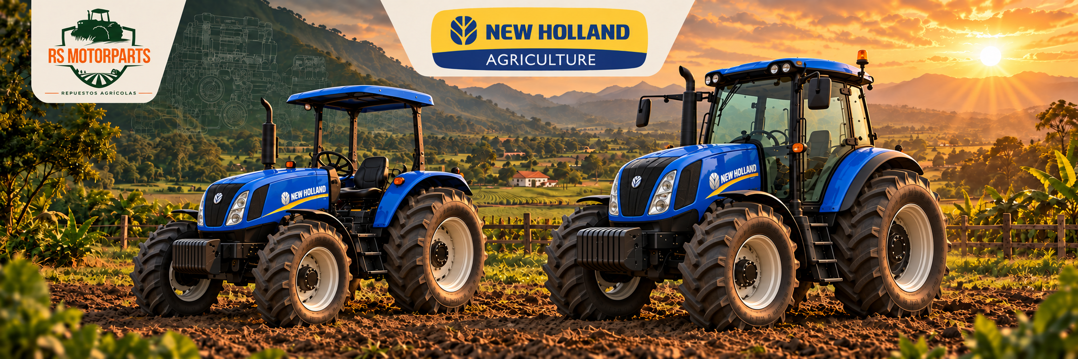 Ilustración de tractores New Holland azules, RS MOTORPARTS