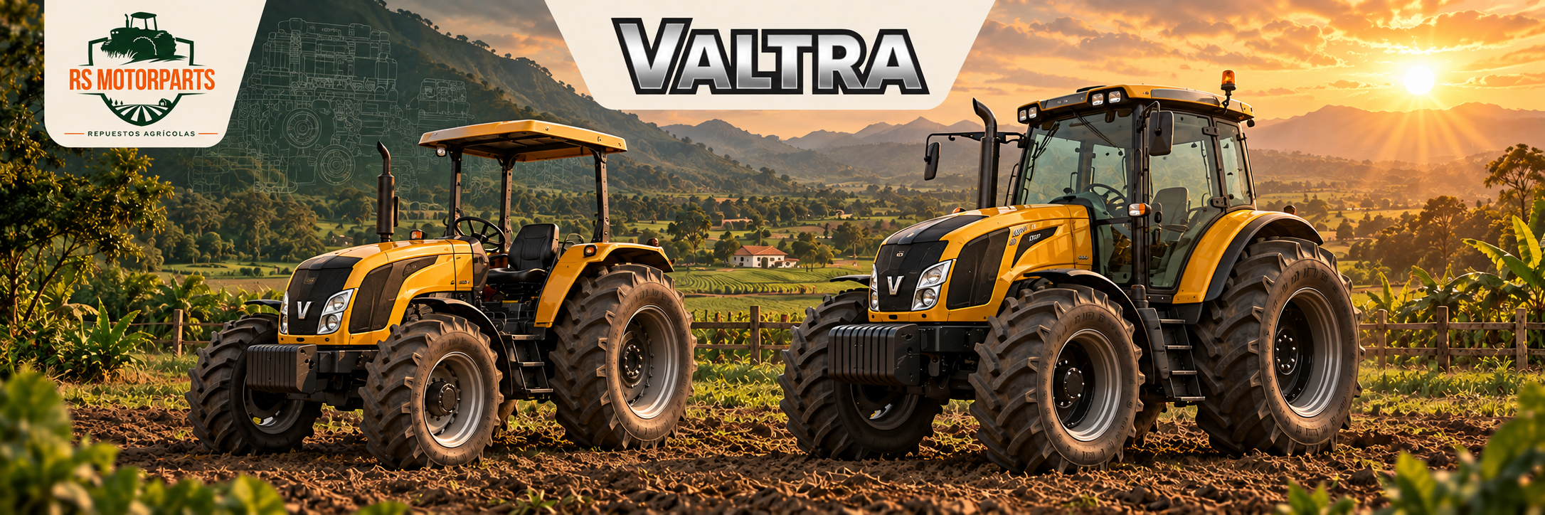 Ilustración de tractores Valtra amarillos en el campo colombiano, RS MOTORPARTS