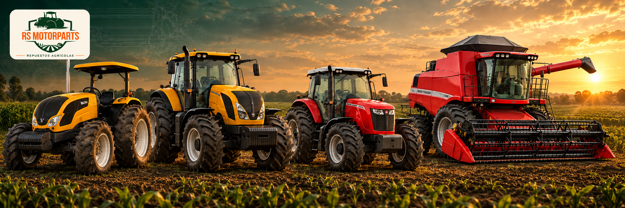 Ilustración de tractores Valtra, tractor y cosechadora Massey Ferguson, línea AGCO Power Sisu