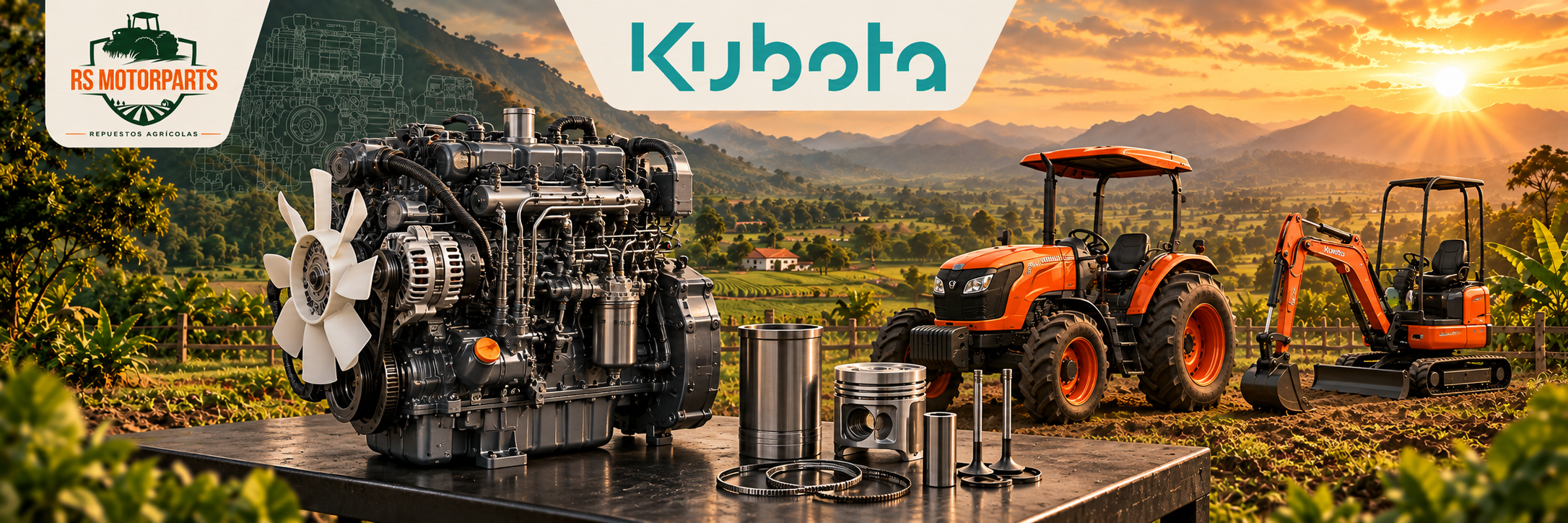 Ilustración de motor Kubota y componentes de reparación, RS MOTORPARTS