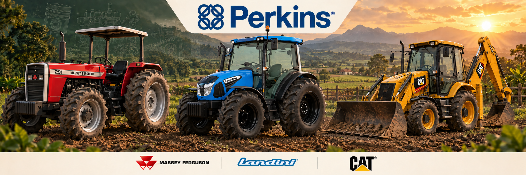 Ilustración de tractor Massey Ferguson, tractor Landini y retroexcavadora Caterpillar, línea Perkins